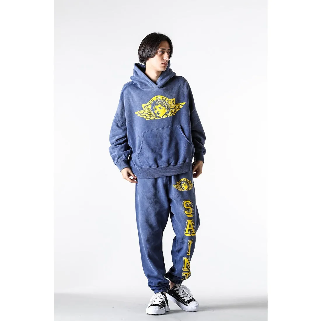 SAINT M×××××× ANGEL SWEATER PANTS/NAVY Angel Reborn Blue Sweatpants Washed Blue S-XL Assute Garment Dyeing Full Clothes Water Fading Dirty and Distressed New Vintage Ceiling God Cut Original Same Style